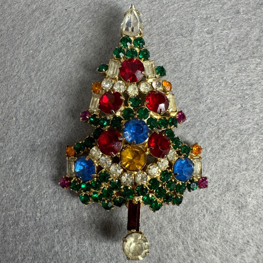 Vintage Warner Christmas Tree Brooch Gold Tone Multi Color Rhinestone Holiday